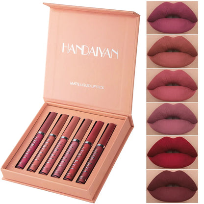 handaiyan 6 colors matte velvet lip glaze set waterproof non-fading, non-stick cup smudge-proof lip gloss set