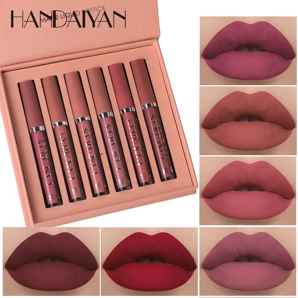 handaiyan 6 colors matte velvet lip glaze set waterproof non-fading, non-stick cup smudge-proof lip gloss set