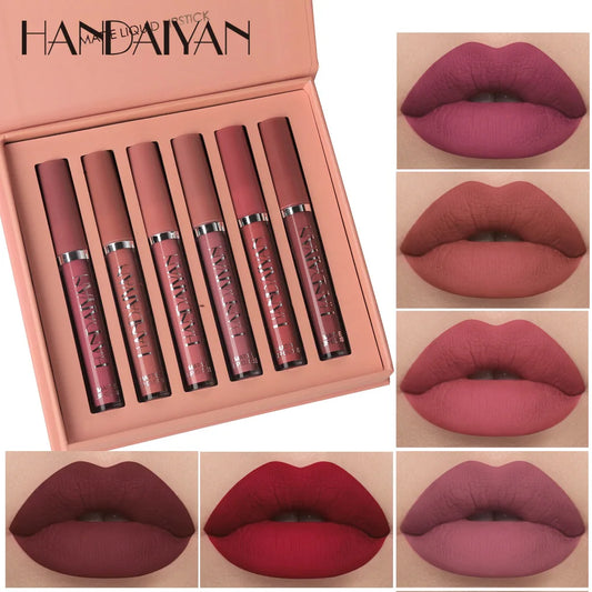 handaiyan 6 colors matte velvet lip glaze set waterproof non-fading, non-stick cup smudge-proof lip gloss set
