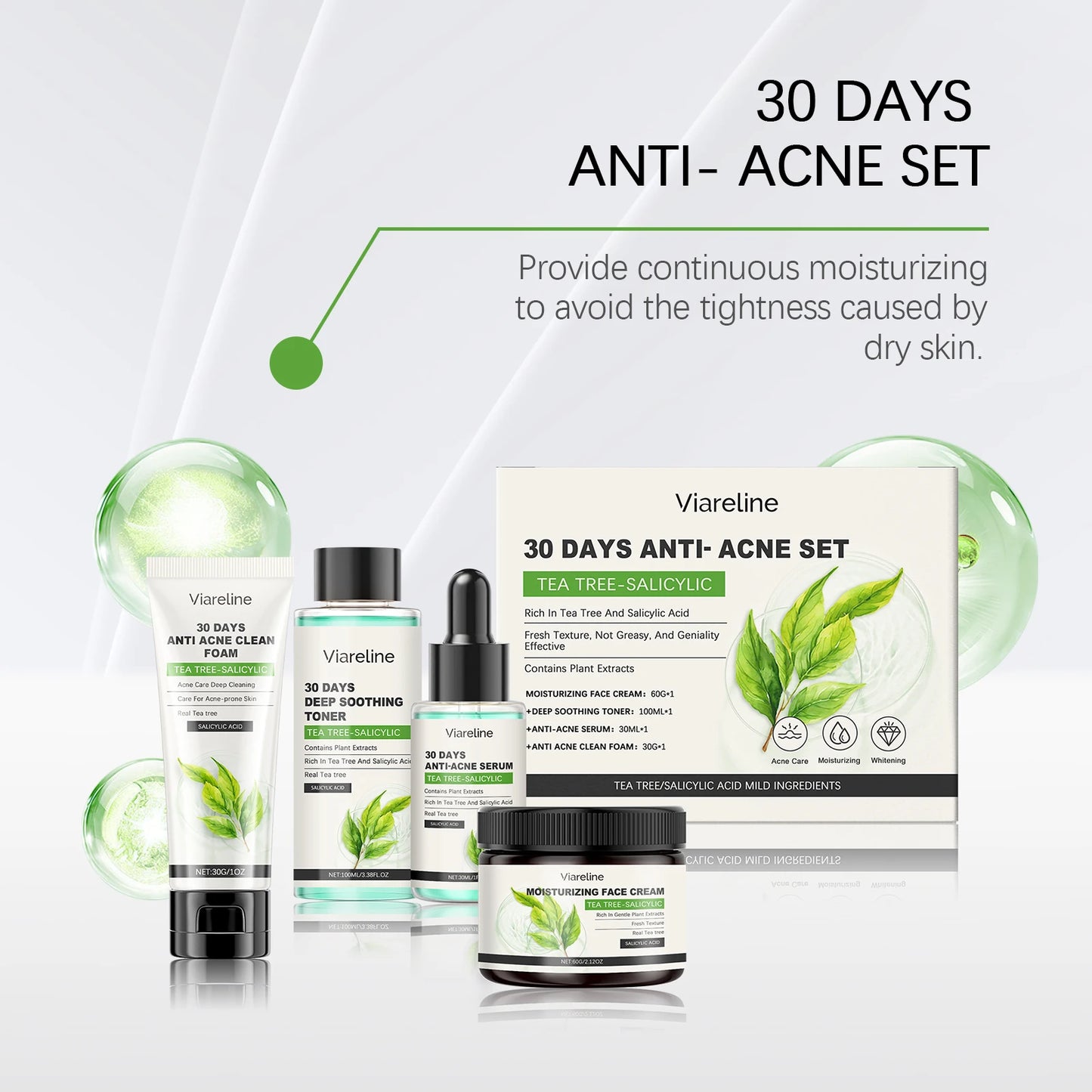 Viareline Salicylic Acid Skin Care Set Daily Moisturizing Enhance Smoothness Gentle Acne Treatment Non-greasy Skin Care Set