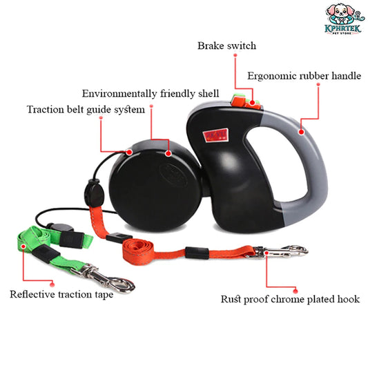 Dual-Dog Retractable Leash with LED Light – 360° Tangle-Free Two-Way Automatic Pet Leash for Dogs Up to 25kg BNF