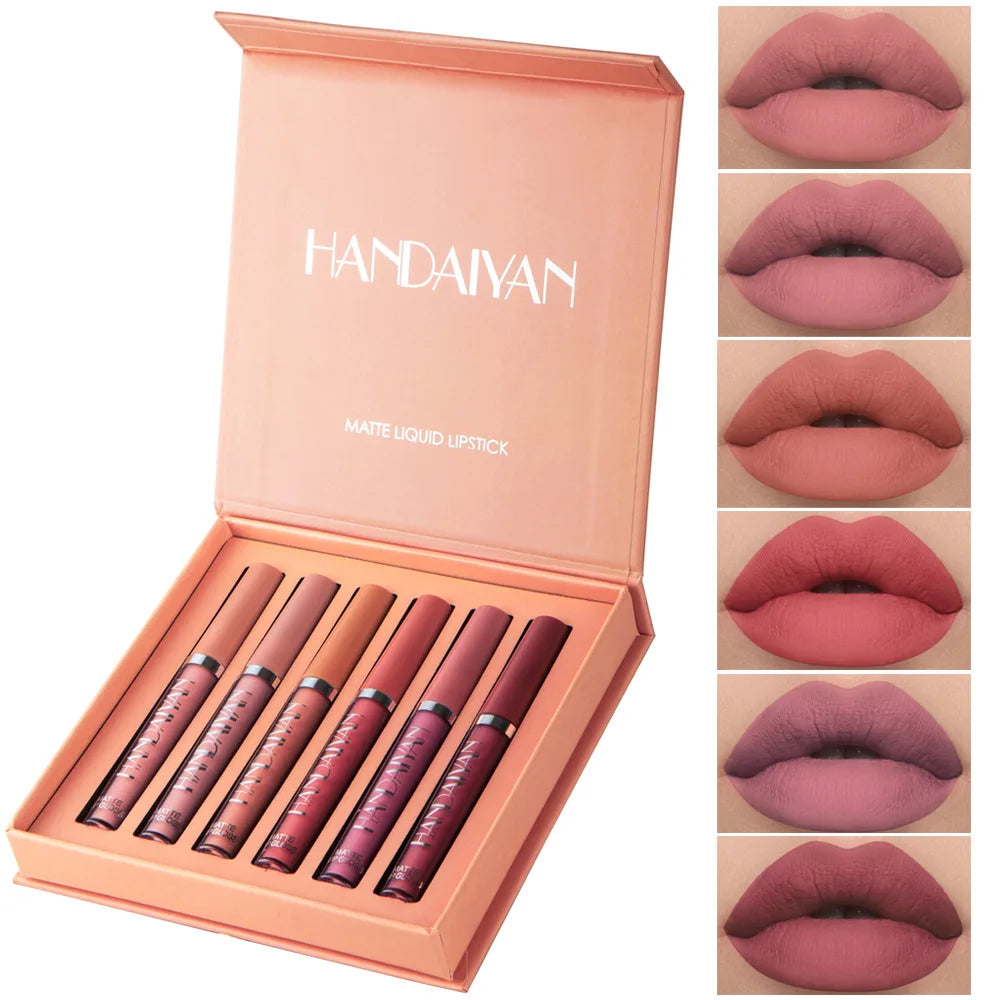 handaiyan 6 colors matte velvet lip glaze set waterproof non-fading, non-stick cup smudge-proof lip gloss set
