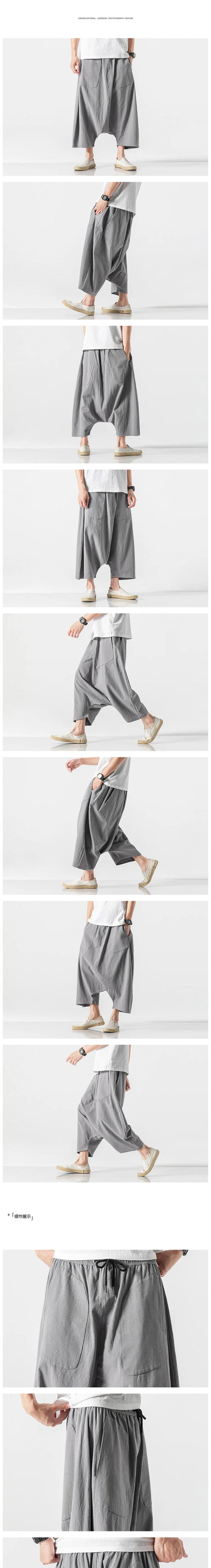 Spring Summer Men Plus Size Casual Harem Pants Vintage Loose Cotton Linen Wide Leg Pants Men Elastic Waist Pantalones Trousers
