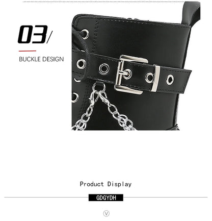 Gdgydh Modern Boots Woman Shoes Gothic Metal Decoration Black Boots Women Heels Sexy Chain Chunky Heel Platform Footwear Zipper