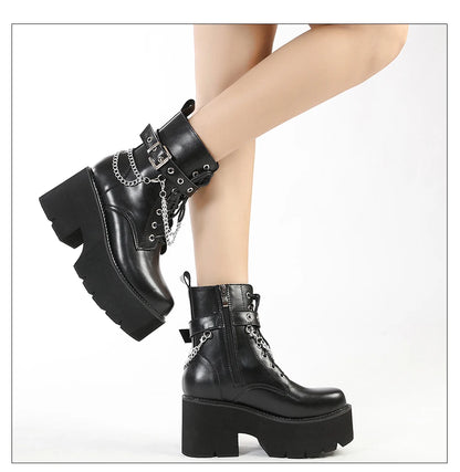 Gdgydh Modern Boots Woman Shoes Gothic Metal Decoration Black Boots Women Heels Sexy Chain Chunky Heel Platform Footwear Zipper
