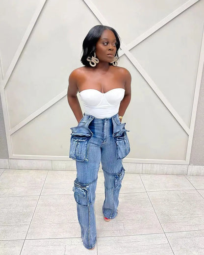 BH1406 Hot Sale Casual Denim Jeans Pants Fashionable Multi-Flap Patchwork Design Mid Waist Straight Style Breathable for Summer