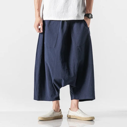 Spring Summer Men Plus Size Casual Harem Pants Vintage Loose Cotton Linen Wide Leg Pants Men Elastic Waist Pantalones Trousers