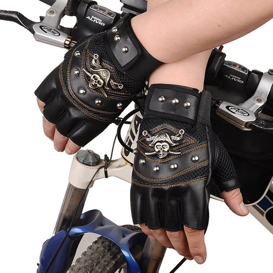 Men Fingerless Gloves with Skull Design Style Stage Performance Gloves Anti-Slip Breathable Metal Decoration Gloves