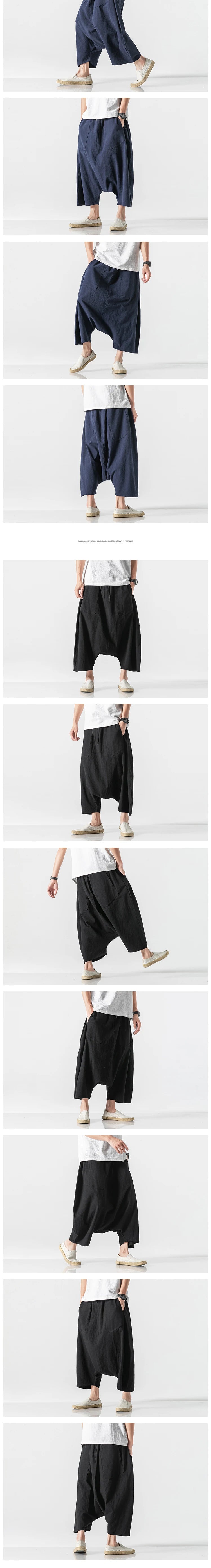 Spring Summer Men Plus Size Casual Harem Pants Vintage Loose Cotton Linen Wide Leg Pants Men Elastic Waist Pantalones Trousers