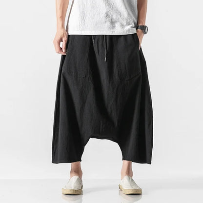 Spring Summer Men Plus Size Casual Harem Pants Vintage Loose Cotton Linen Wide Leg Pants Men Elastic Waist Pantalones Trousers