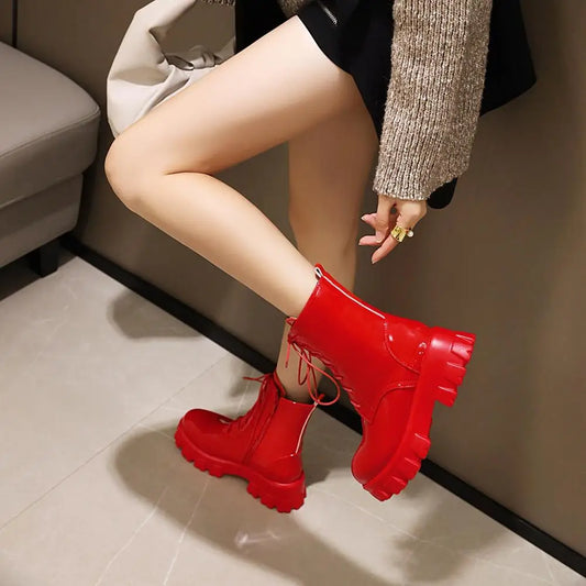 Red Ankle Boots Women Fashion Autumn Winter