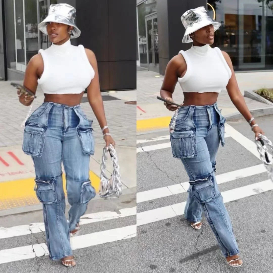 BH1406 Hot Sale Casual Denim Jeans Pants Fashionable Multi-Flap Patchwork Design Mid Waist Straight Style Breathable for Summer
