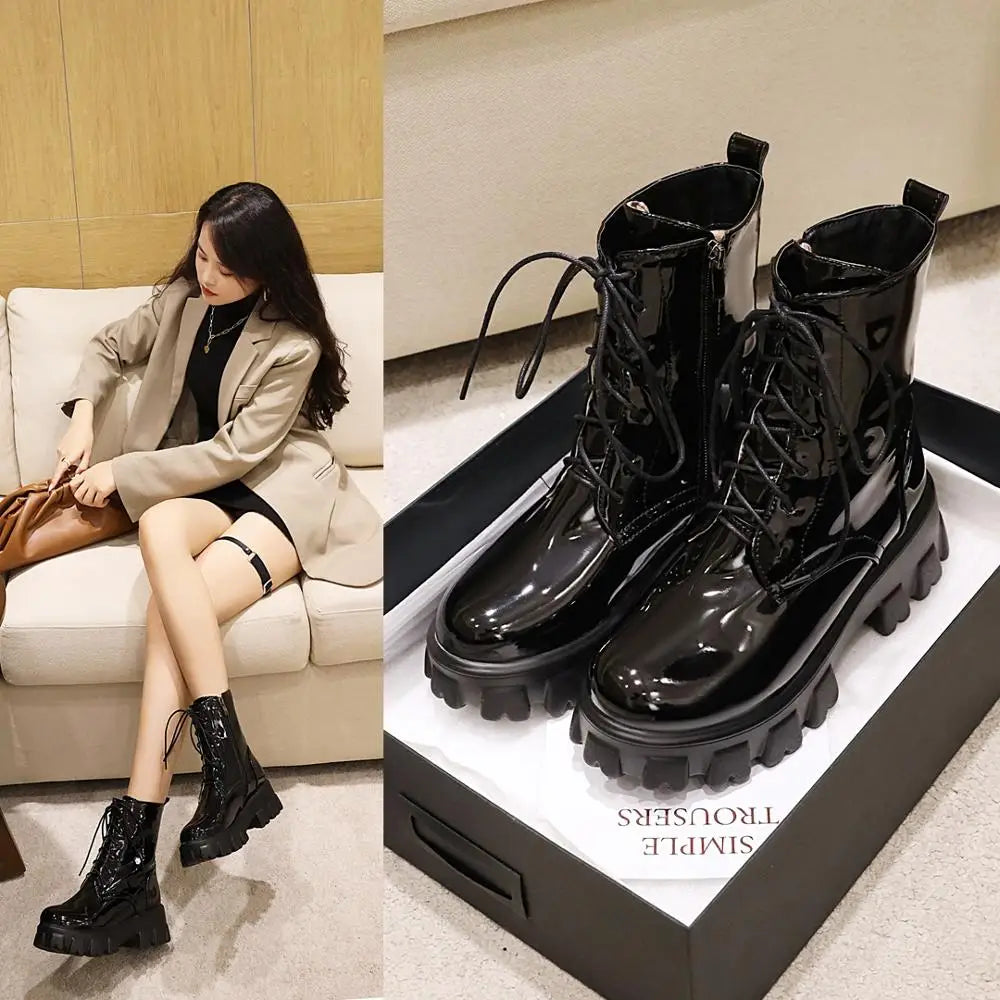 Women Patent Leather Platform Boots – High Heel Ankle Fashion for Autumn Winter