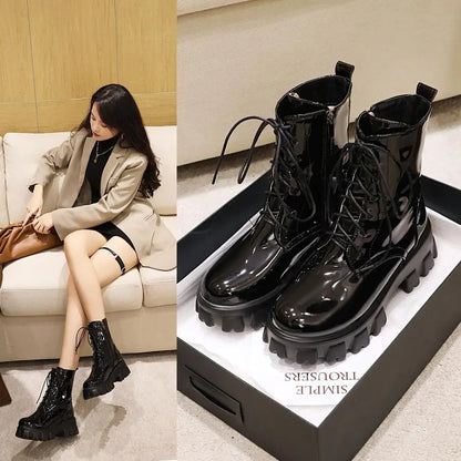 Women Patent Leather Platform Boots – High Heel Ankle Fashion for Autumn Winter