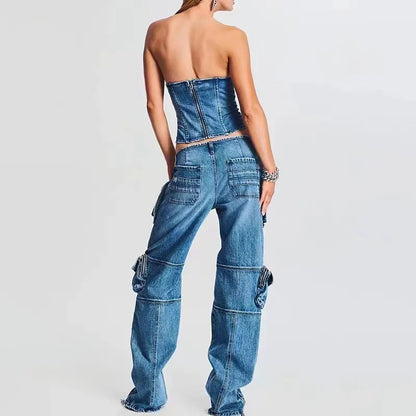 BH1406 Hot Sale Casual Denim Jeans Pants Fashionable Multi-Flap Patchwork Design Mid Waist Straight Style Breathable for Summer