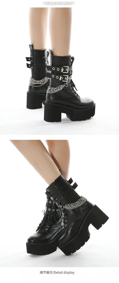 High Quality Leather Gothic Black Boots Women Heel Sexy Chain Chunky Heel Platform Boots Female Punk Style Ankle Boots Zipper