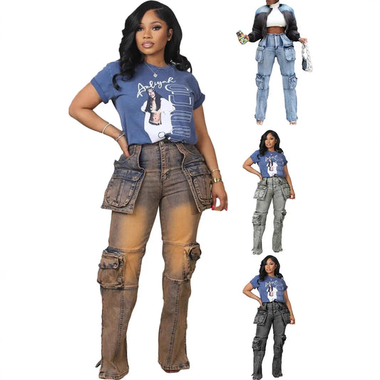 BH1406 Hot Sale Casual Denim Jeans Pants Fashionable Multi-Flap Patchwork Design Mid Waist Straight Style Breathable for Summer