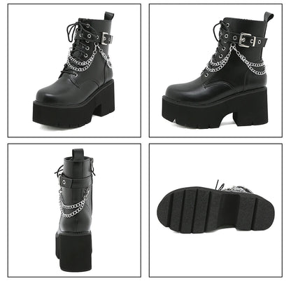 Gdgydh Modern Boots Woman Shoes Gothic Metal Decoration Black Boots Women Heels Sexy Chain Chunky Heel Platform Footwear Zipper