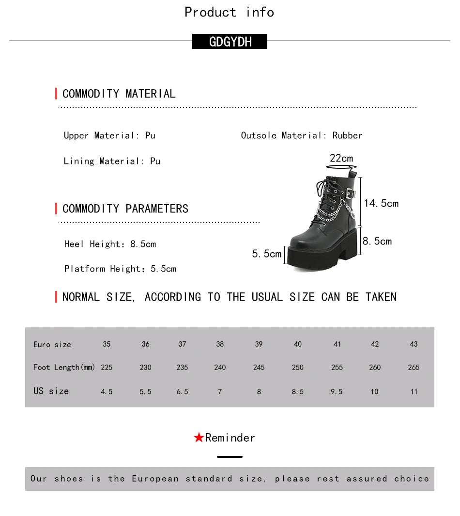 Gdgydh Modern Boots Woman Shoes Gothic Metal Decoration Black Boots Women Heel Sexy Chain Chunky Heel Platform Footwear Zipper