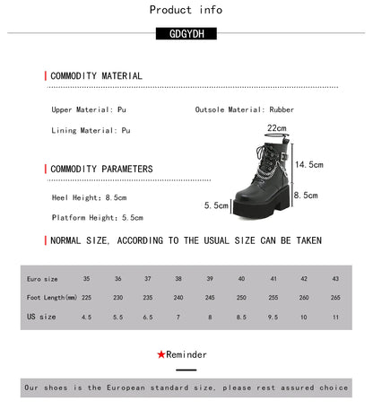 Gdgydh Modern Boots Woman Shoes Gothic Metal Decoration Black Boots Women Heel Sexy Chain Chunky Heel Platform Footwear Zipper