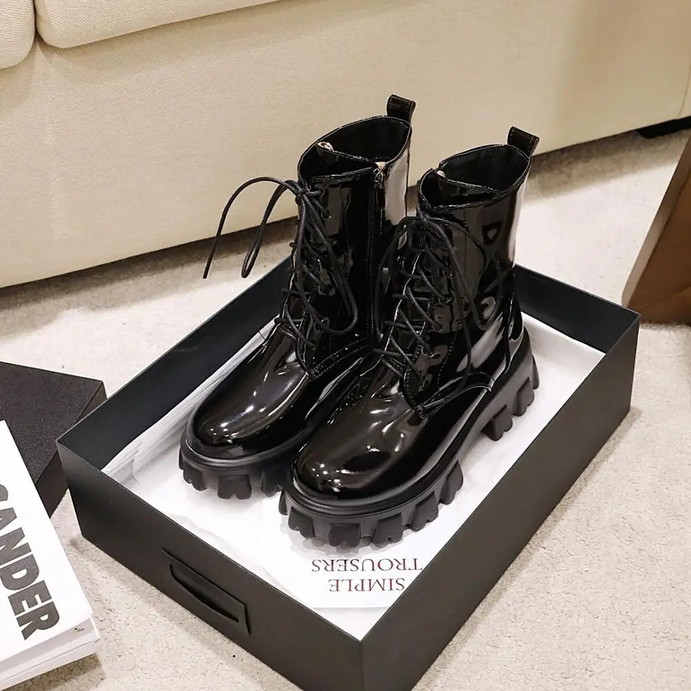Women Patent Leather Platform Boots – High Heel Ankle Fashion for Autumn Winter