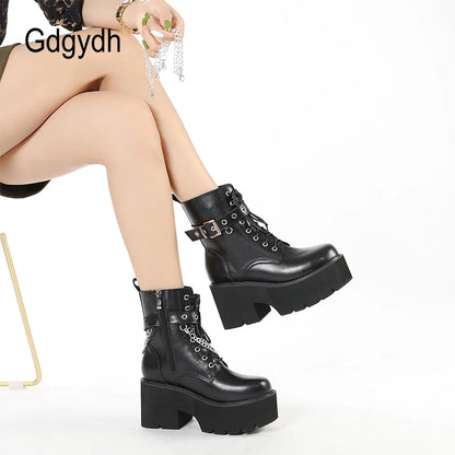 Gdgydh Modern Boots Woman Shoes Gothic Metal Decoration Black Boots Women Heels Sexy Chain Chunky Heel Platform Footwear Zipper