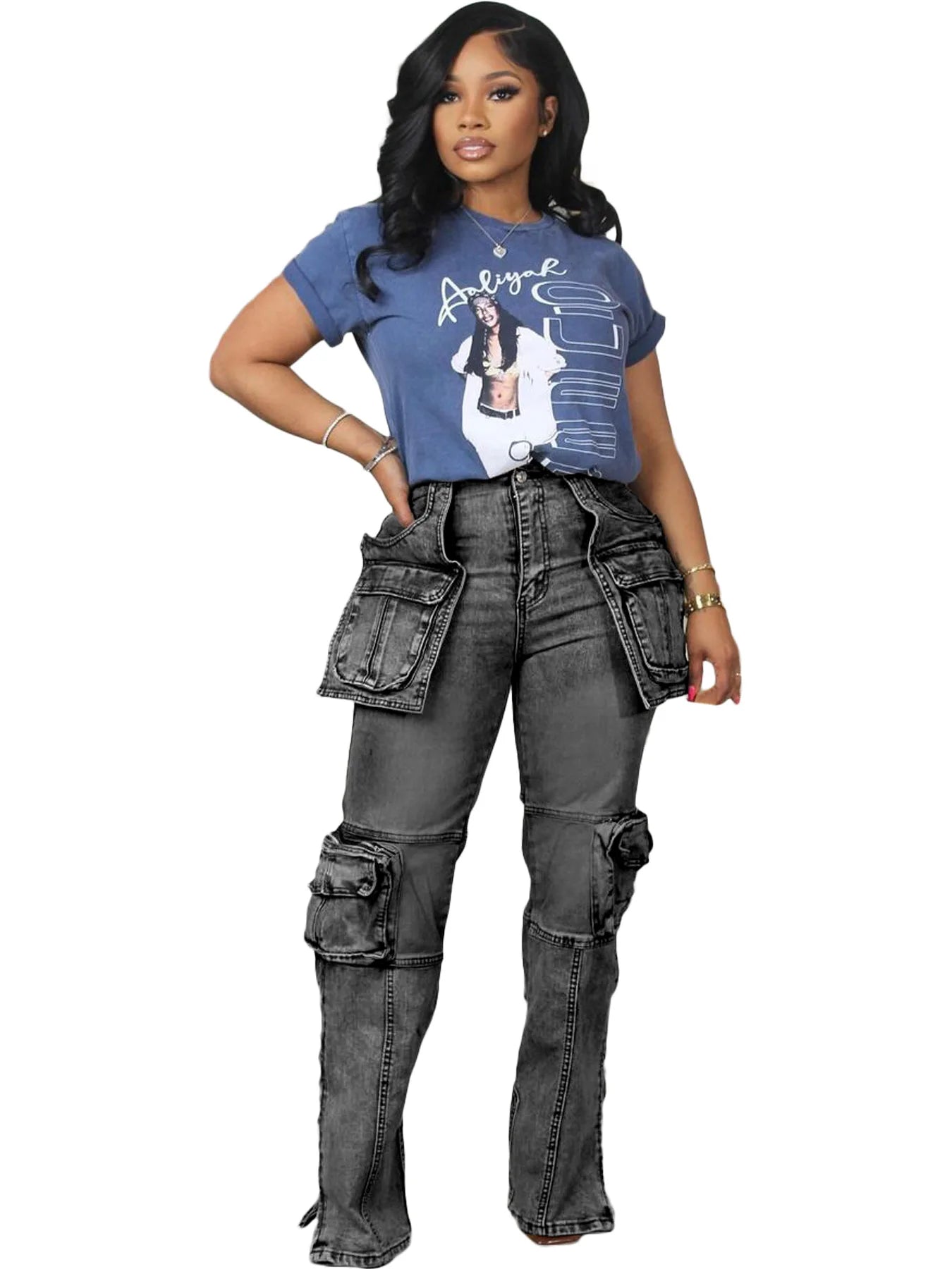 BH1406 Hot Sale Casual Denim Jeans Pants Fashionable Multi-Flap Patchwork Design Mid Waist Straight Style Breathable for Summer