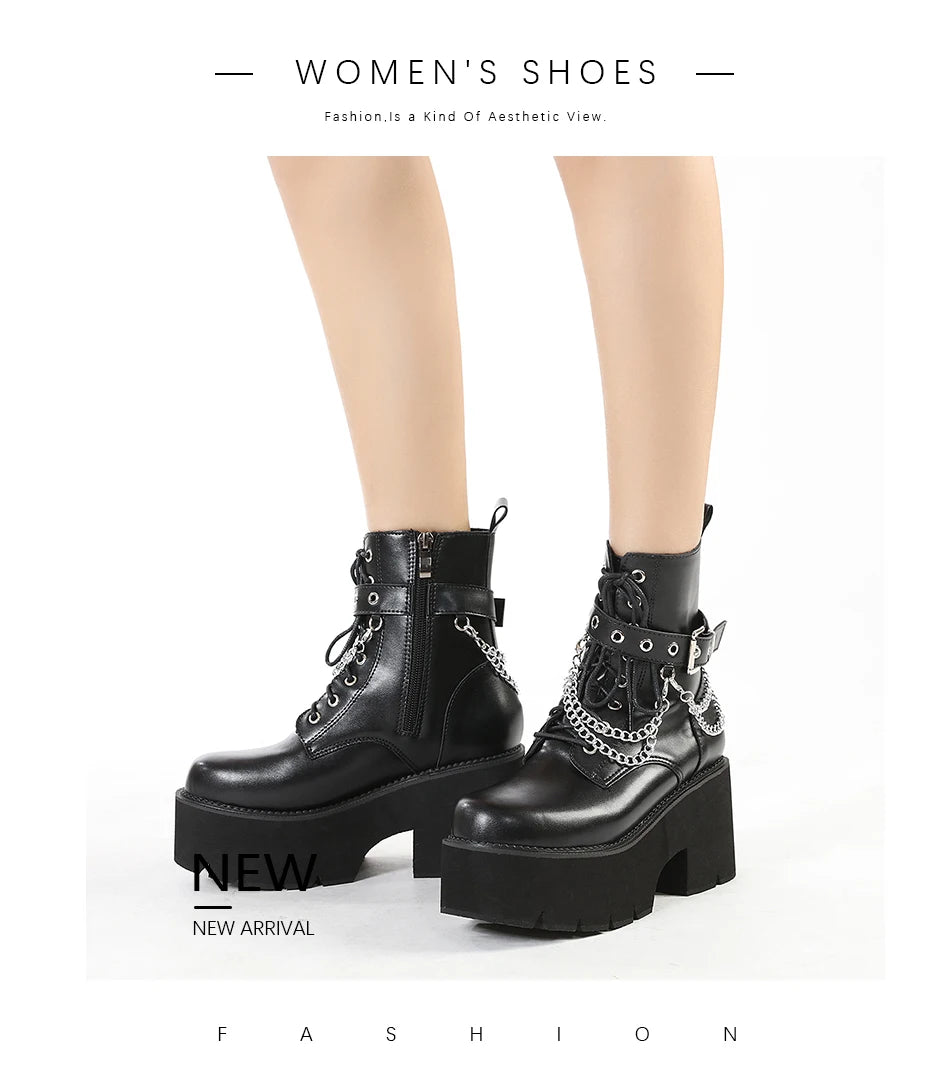 Gdgydh Modern Boots Woman Shoes Gothic Metal Decoration Black Boots Women Heels Sexy Chain Chunky Heel Platform Footwear Zipper