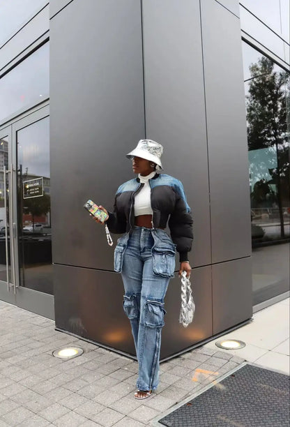 BH1406 Hot Sale Casual Denim Jeans Pants Fashionable Multi-Flap Patchwork Design Mid Waist Straight Style Breathable for Summer