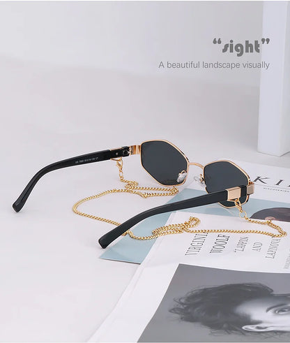 Sexy Small Frame Hexagon Sunglasses Women With Chain 2026 Luxury Brand Designer Punk Sun Glasses For Ladies Shades Gafas De Sol