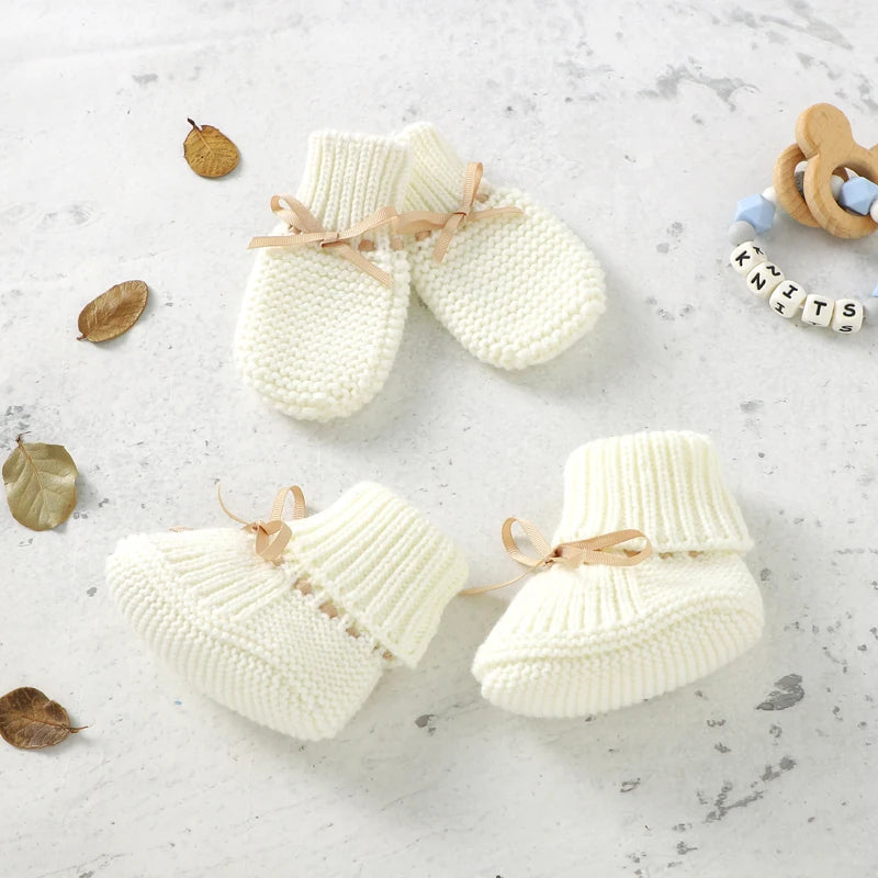 Baby Shoes + Gloves Set Knit Newborn Girls Boys Boots Mitten Fashion Butterfly-knot Toddler Infant Slip-On Bed Shoes Hand Made