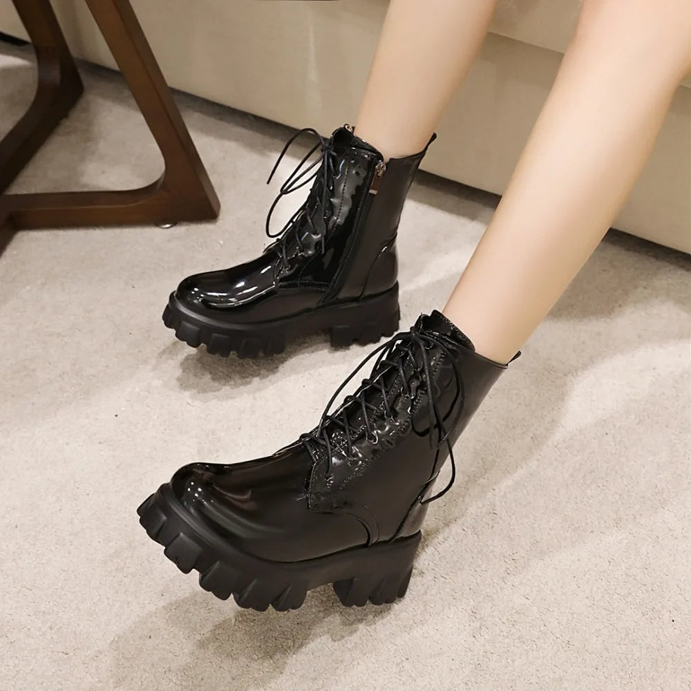 Women Patent Leather Platform Boots – High Heel Ankle Fashion for Autumn Winter
