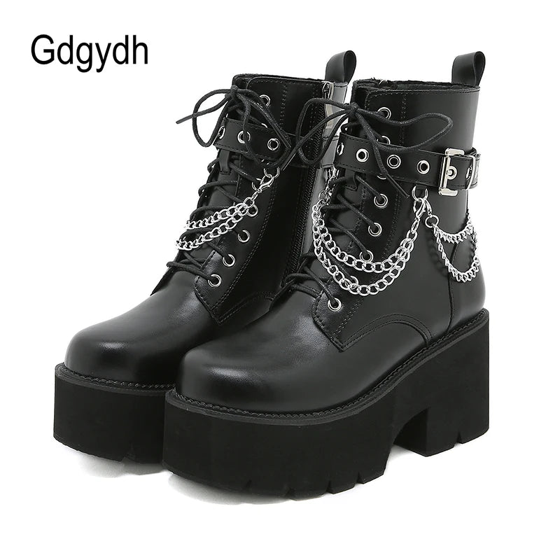 Gdgydh Modern Boots Woman Shoes Gothic Metal Decoration Black Boots Women Heels Sexy Chain Chunky Heel Platform Footwear Zipper