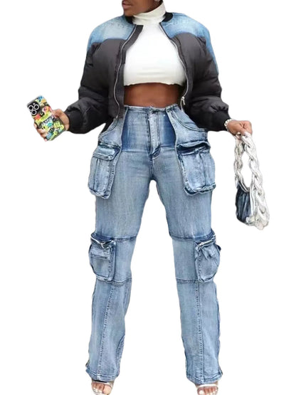 BH1406 Hot Sale Casual Denim Jeans Pants Fashionable Multi-Flap Patchwork Design Mid Waist Straight Style Breathable for Summer