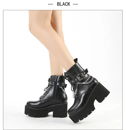 Gdgydh Modern Boots Woman Shoes Gothic Metal Decoration Black Boots Women Heels Sexy Chain Chunky Heel Platform Footwear Zipper