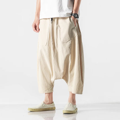 Spring Summer Men Plus Size Casual Harem Pants Vintage Loose Cotton Linen Wide Leg Pants Men Elastic Waist Pantalones Trousers