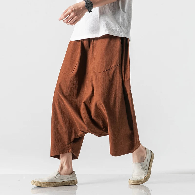 Spring Summer Men Plus Size Casual Harem Pants Vintage Loose Cotton Linen Wide Leg Pants Men Elastic Waist Pantalones Trousers