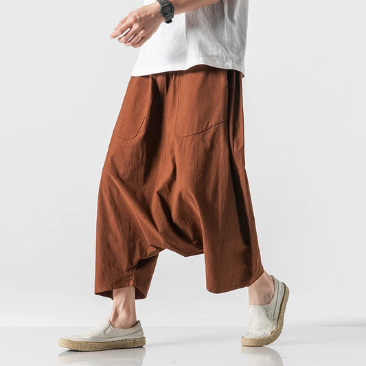 Spring Summer Men Plus Size Casual Harem Pants Vintage Loose Cotton Linen Wide Leg Pants Men Elastic Waist Pantalones Trousers