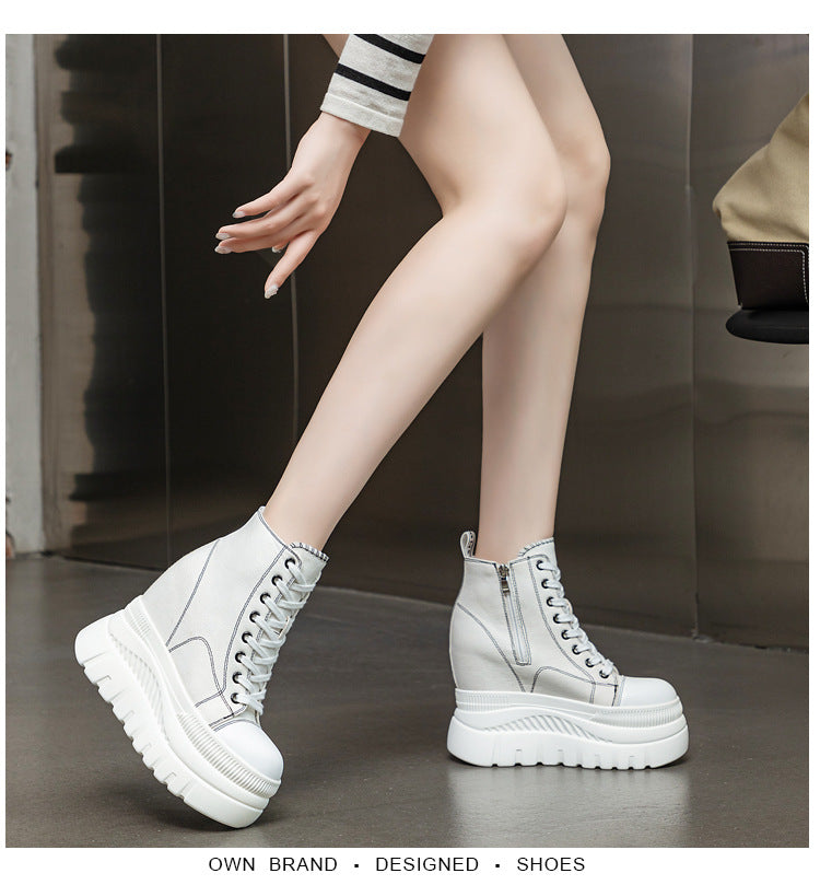 High Top (12CM) Women's Sneakers Casual Leather Lace up Boots Sneakers For Woman Spring Autumn Shoes High Heels Sneaker Shoes