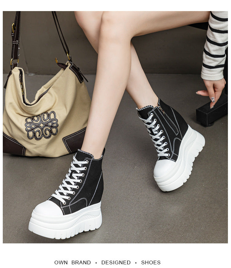 High Top (12CM) Women's Sneakers Casual Leather Lace up Boots Sneakers For Woman Spring Autumn Shoes High Heels Sneaker Shoes