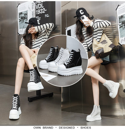 High Top (12CM) Women's Sneakers Casual Leather Lace up Boots Sneakers For Woman Spring Autumn Shoes High Heels Sneaker Shoes