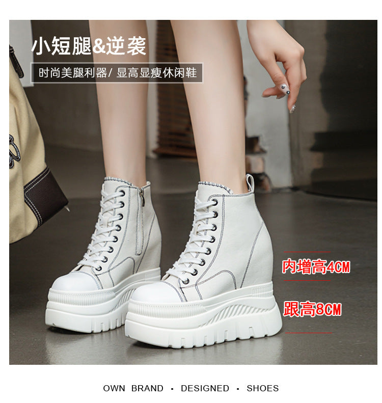 High Top (12CM) Women's Sneakers Casual Leather Lace up Boots Sneakers For Woman Spring Autumn Shoes High Heels Sneaker Shoes