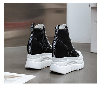 High Top (12CM) Women's Sneakers Casual Leather Lace up Boots Sneakers For Woman Spring Autumn Shoes High Heels Sneaker Shoes