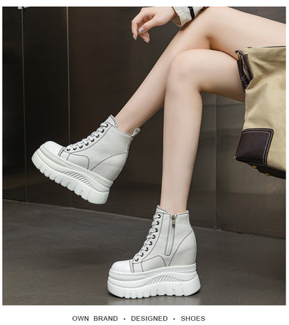 High Top (12CM) Women's Sneakers Casual Leather Lace up Boots Sneakers For Woman Spring Autumn Shoes High Heels Sneaker Shoes