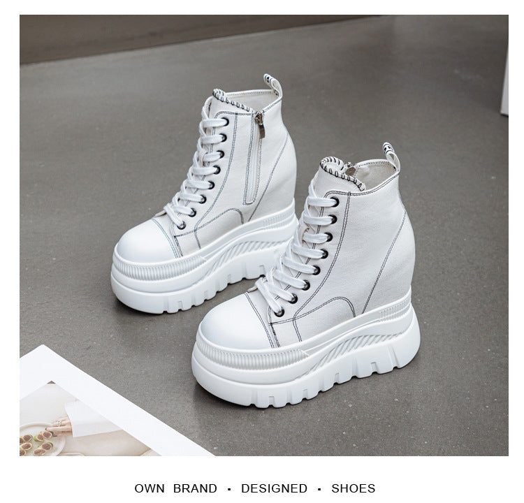 High Top (12CM) Women's Sneakers Casual Leather Lace up Boots Sneakers For Woman Spring Autumn Shoes High Heels Sneaker Shoes