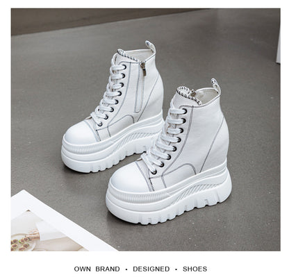 High Top (12CM) Women's Sneakers Casual Leather Lace up Boots Sneakers For Woman Spring Autumn Shoes High Heels Sneaker Shoes