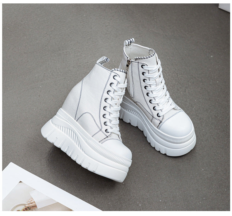 High Top (12CM) Women's Sneakers Casual Leather Lace up Boots Sneakers For Woman Spring Autumn Shoes High Heels Sneaker Shoes