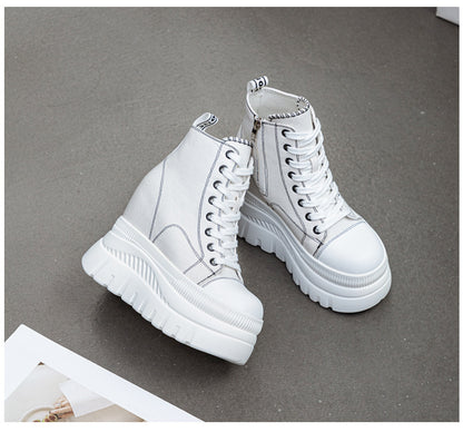 High Top (12CM) Women's Sneakers Casual Leather Lace up Boots Sneakers For Woman Spring Autumn Shoes High Heels Sneaker Shoes