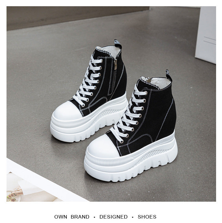 High Top (12CM) Women's Sneakers Casual Leather Lace up Boots Sneakers For Woman Spring Autumn Shoes High Heels Sneaker Shoes