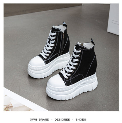 High Top (12CM) Women's Sneakers Casual Leather Lace up Boots Sneakers For Woman Spring Autumn Shoes High Heels Sneaker Shoes